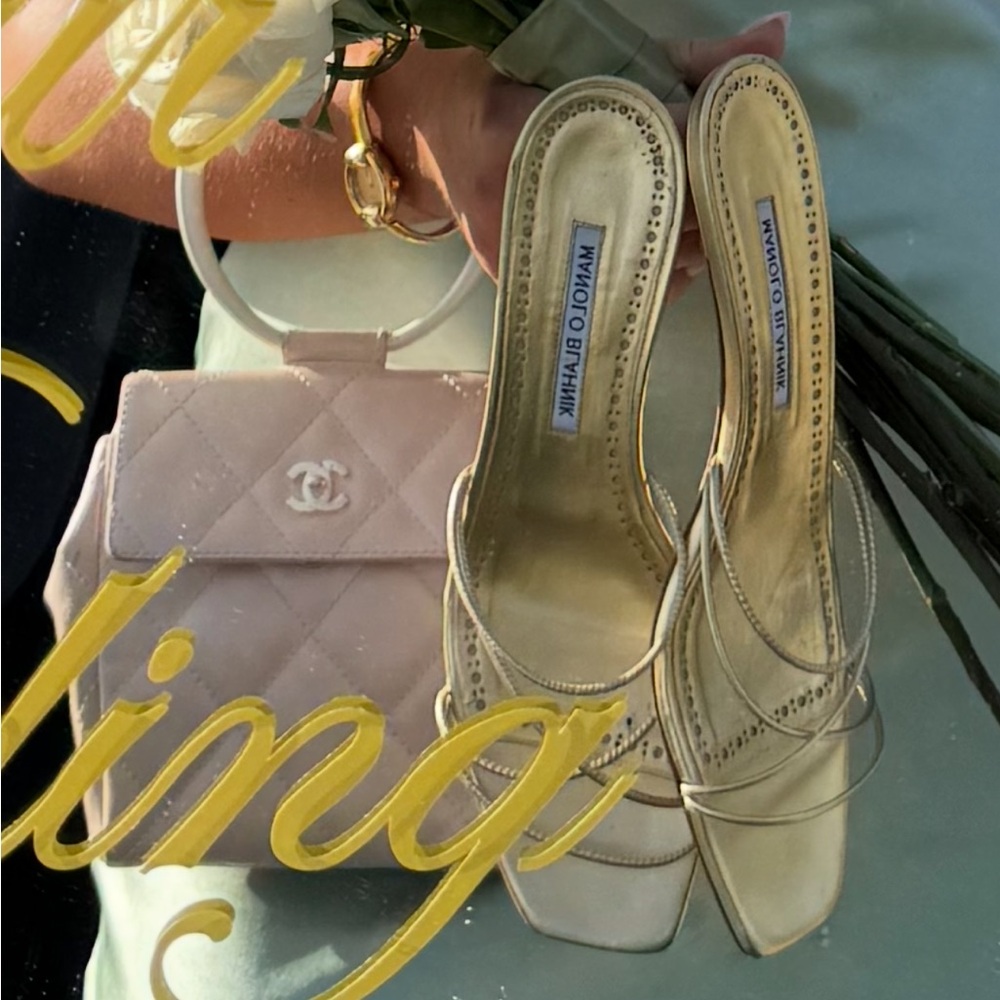 Manolo Blahnik Metallic Gold Strappy Kitten Heel Sandals - Picture 8 of 12